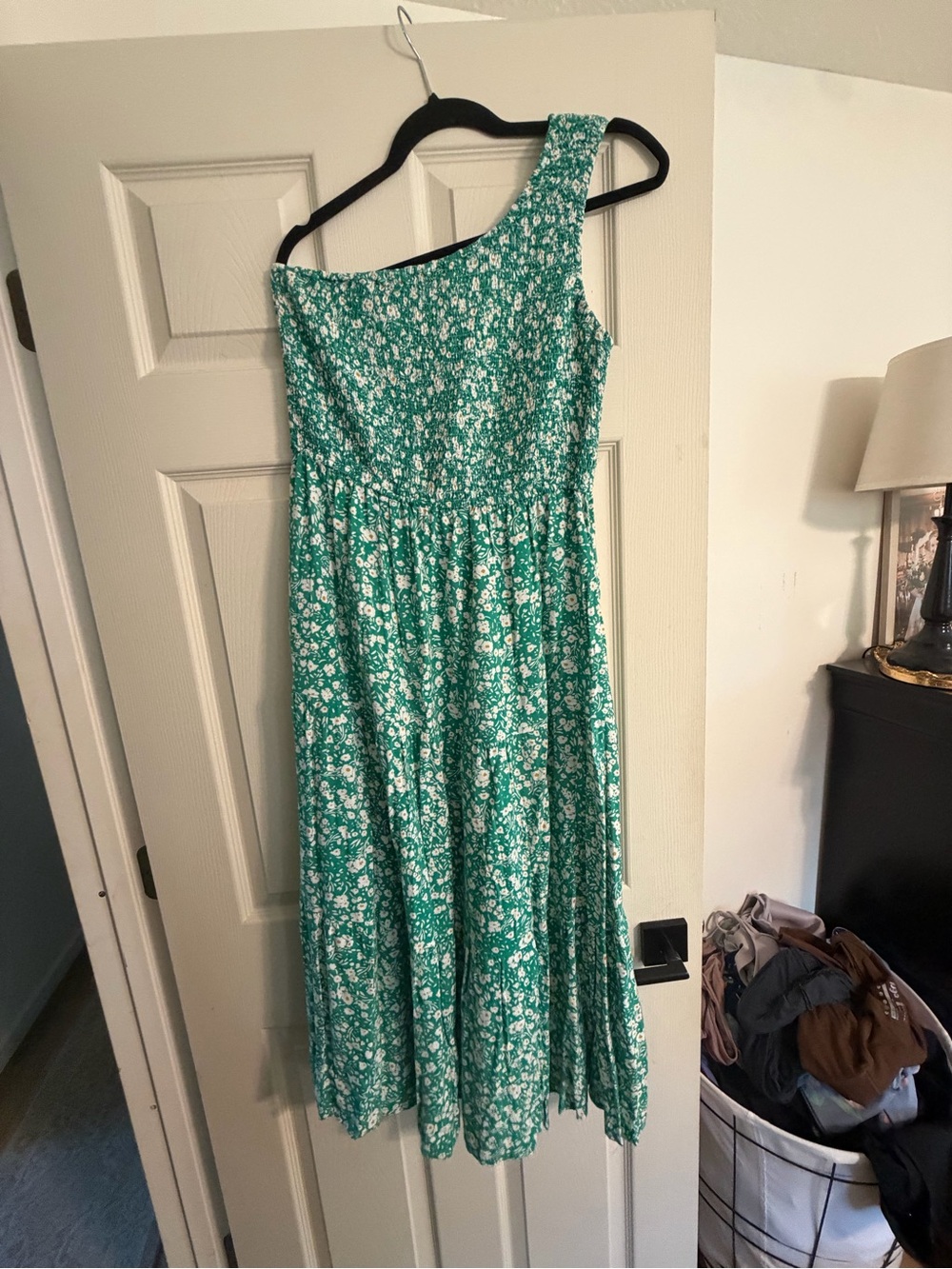 Amazon Green One-Shoulder Floral Midi Dress
